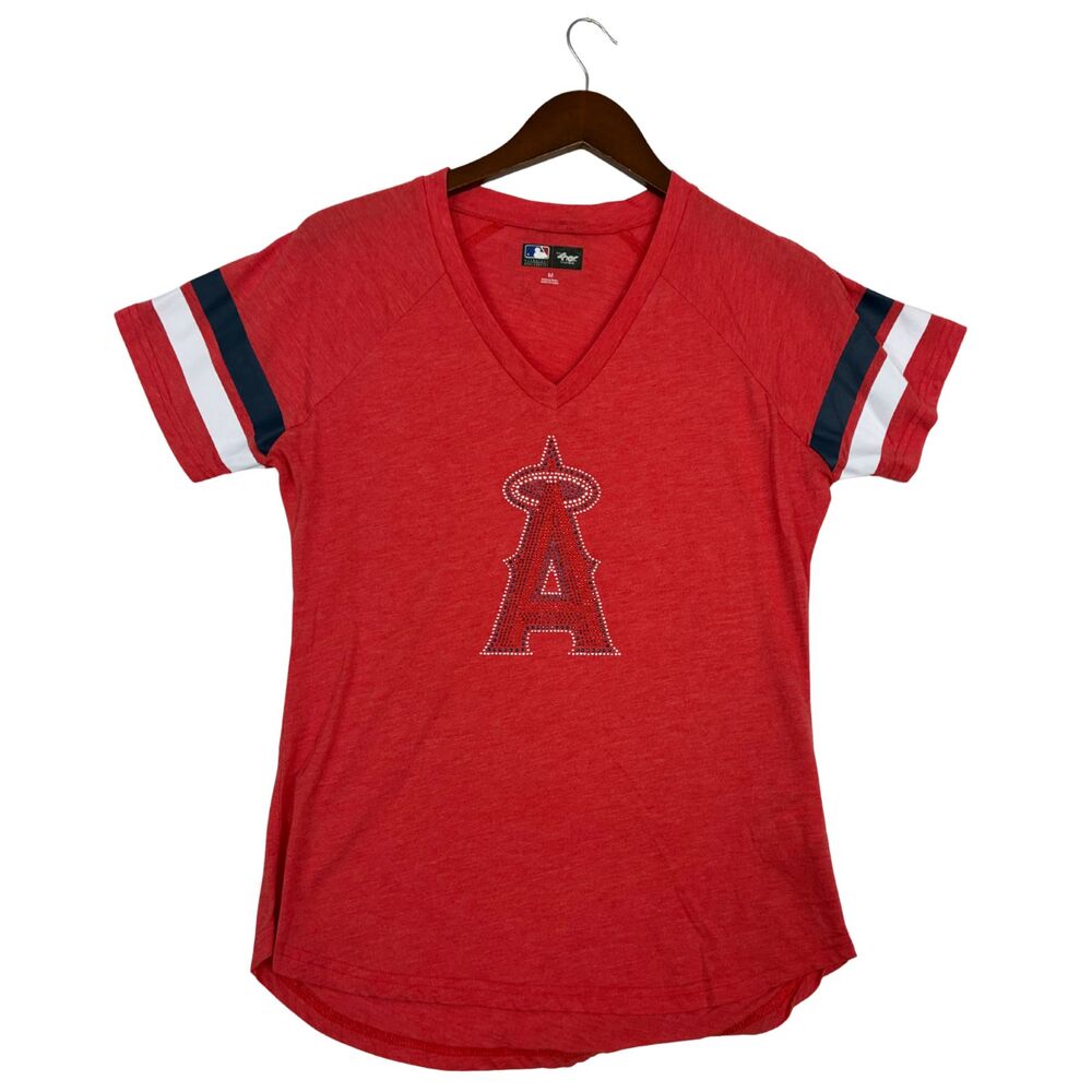 Los Angeles Angels Women's T-Shirt M Red Rhinestone Logo V-Neck MLB Baseball Tee